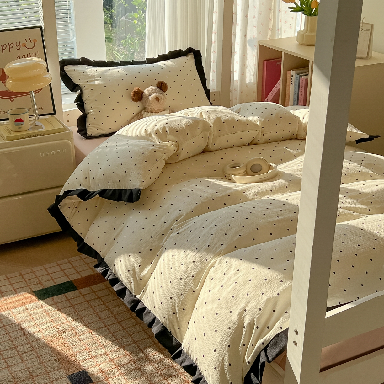 91家纺网 家纺一手货源 找家纺 （总）韩巢家纺 2025新款小波点学生宿舍寝室上下铺三件套开学季花边被套四件套