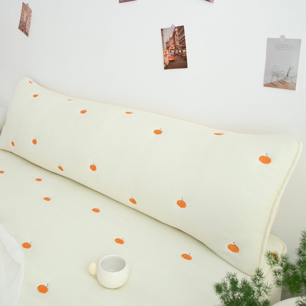 乐居家纺 2025新款A类夹棉绣花双人枕套-南瓜 米白