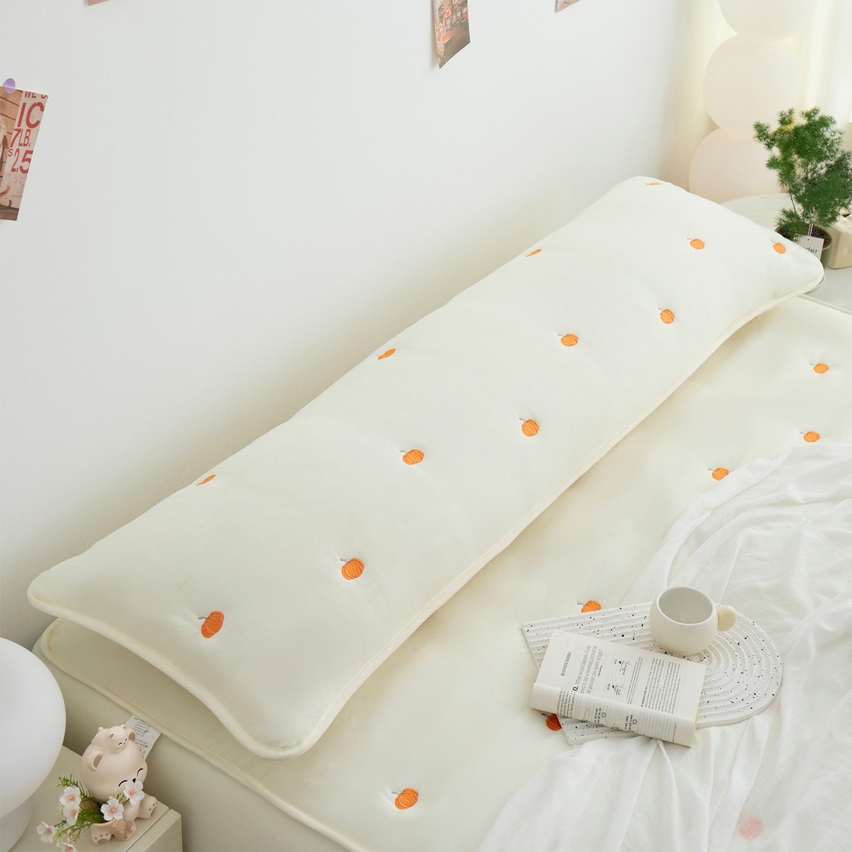 91家纺网 家纺一手货源 找家纺 乐居家纺 2025新款A类夹棉绣花双人枕套-南瓜 米白