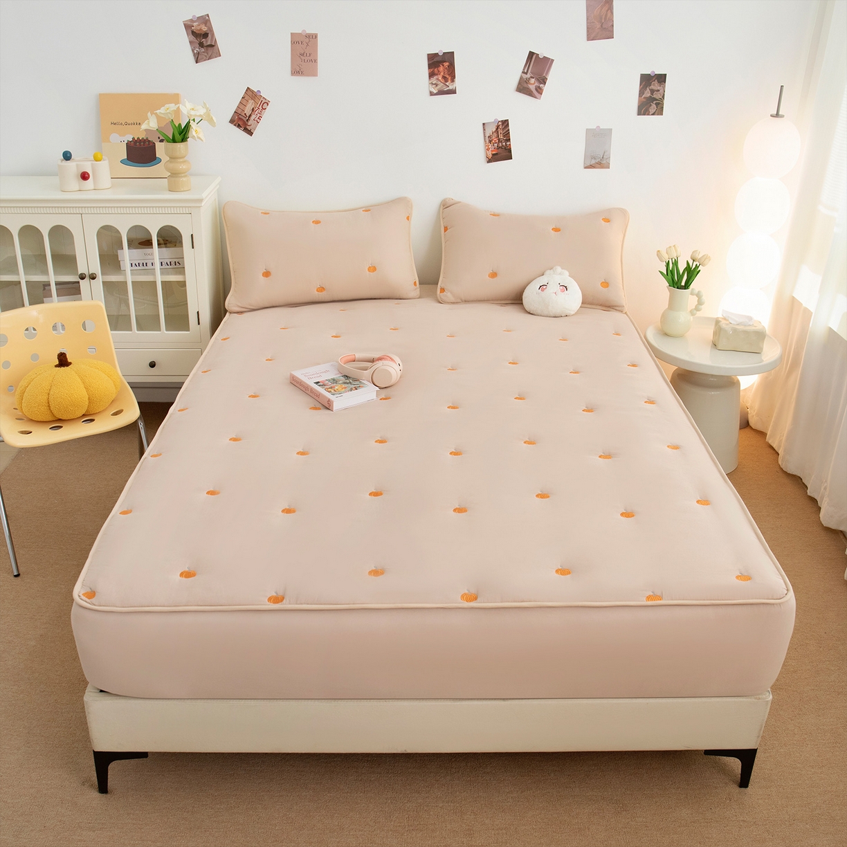 乐居家纺 2025新款A类亲肤夹棉刺绣床笠-南瓜 卡其