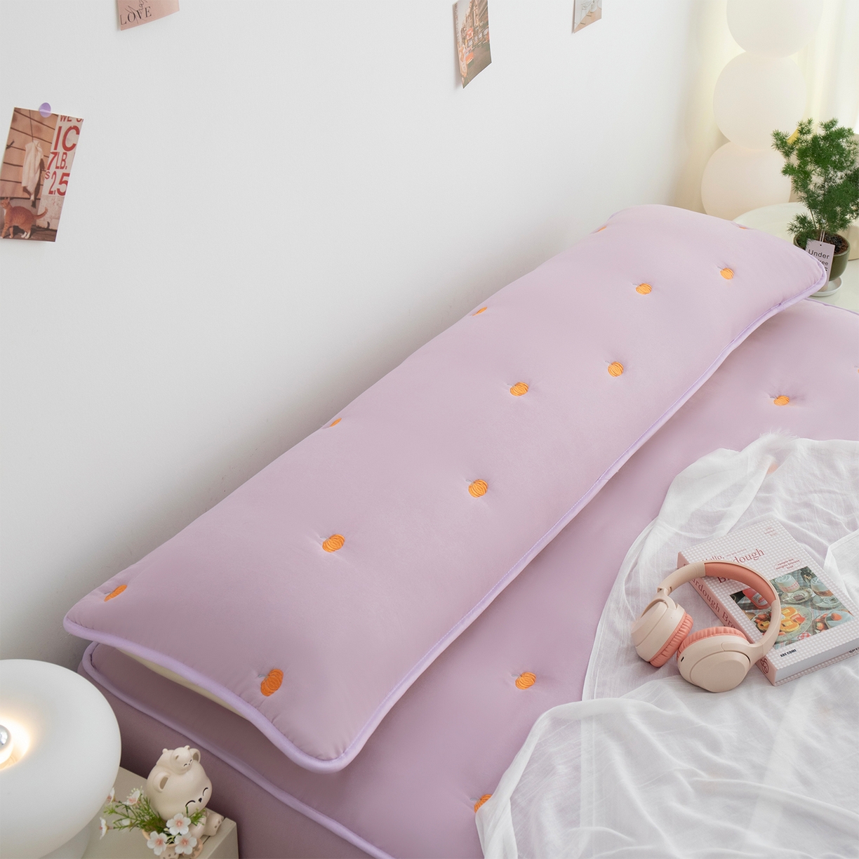 91家纺网 家纺一手货源 找家纺 乐居家纺 2025新款A类夹棉绣花双人枕套-南瓜 浅紫