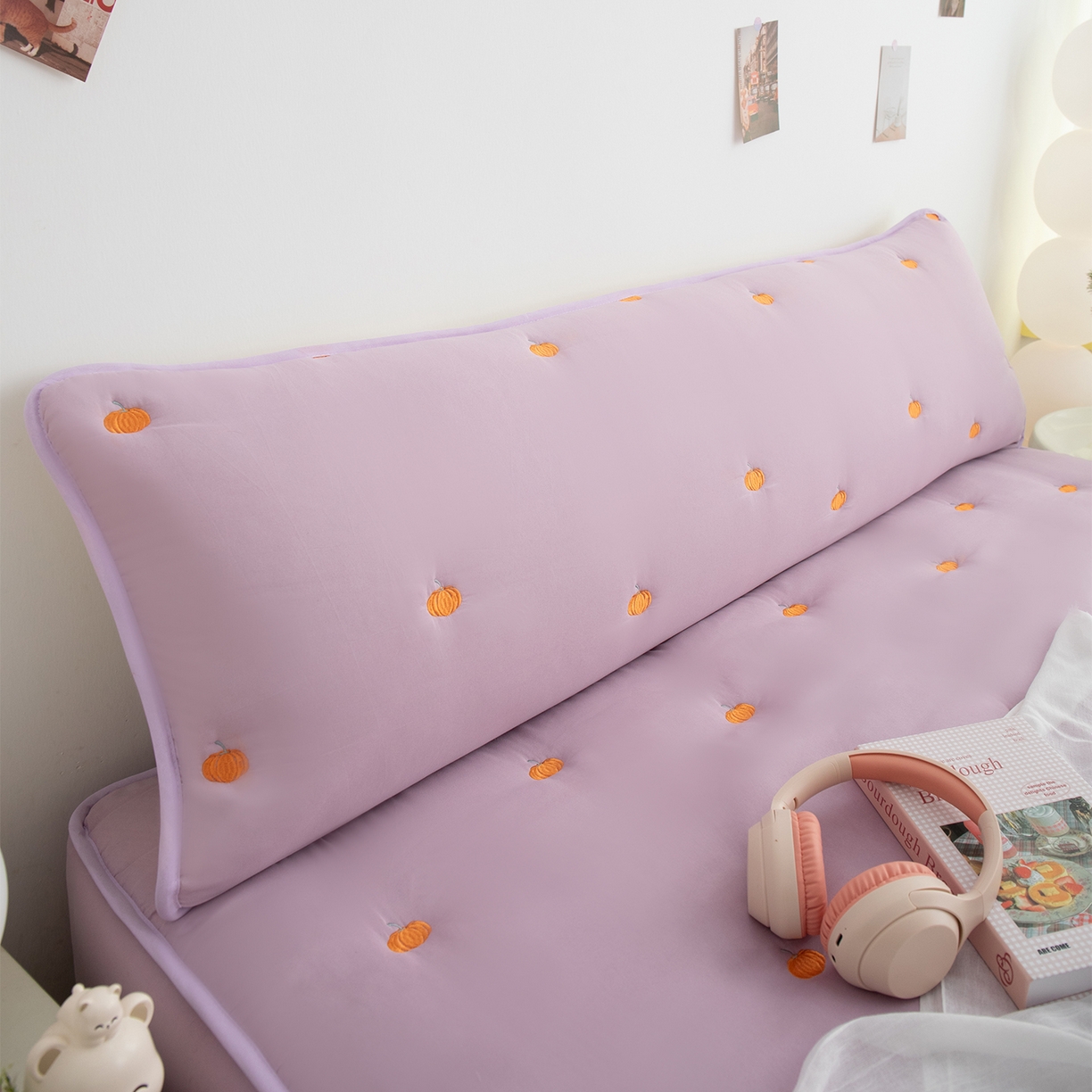 91家纺网 家纺一手货源 找家纺 乐居家纺 2025新款A类夹棉绣花双人枕套-南瓜 浅紫