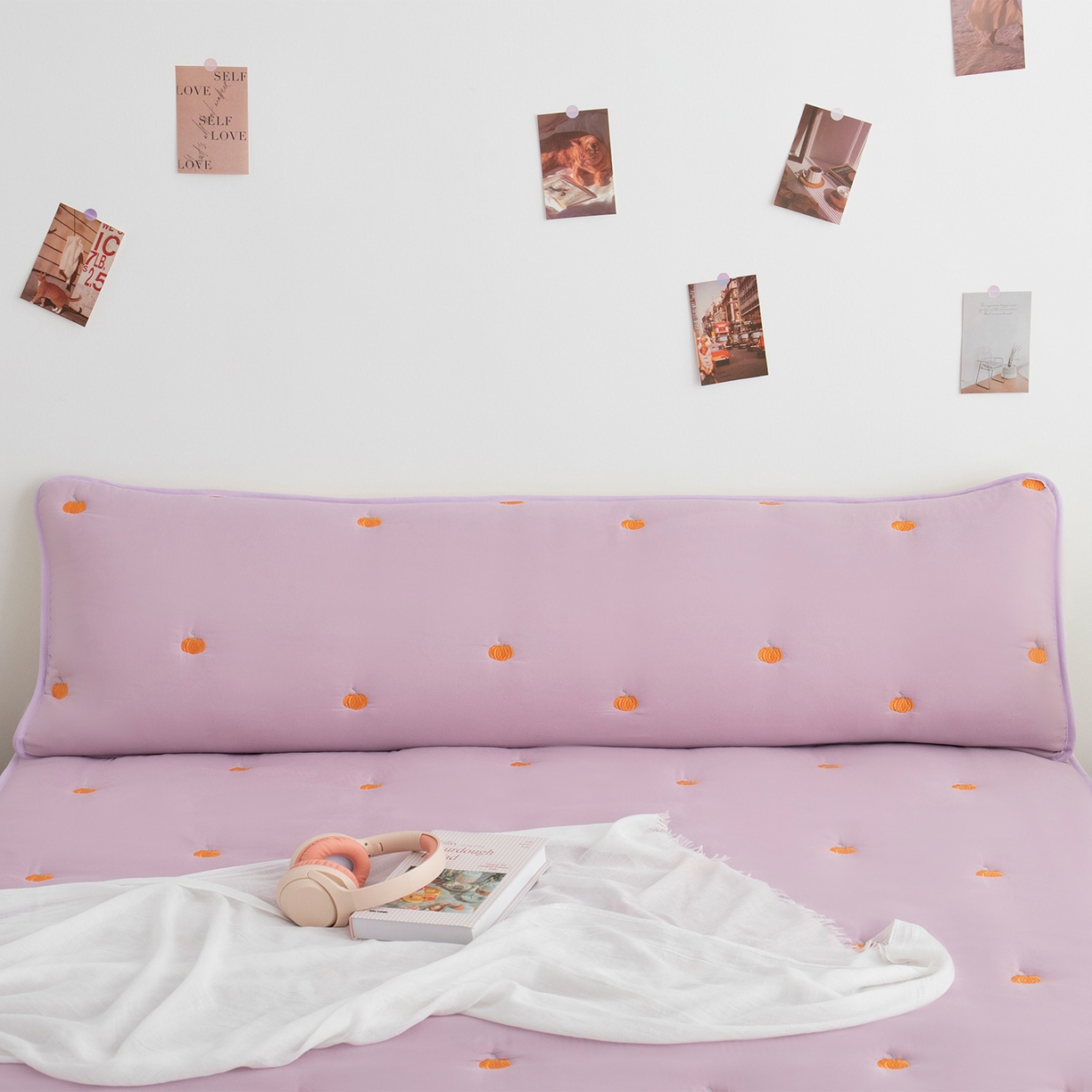 91家纺网 家纺一手货源 找家纺 乐居家纺 2025新款A类夹棉绣花双人枕套-南瓜 浅紫