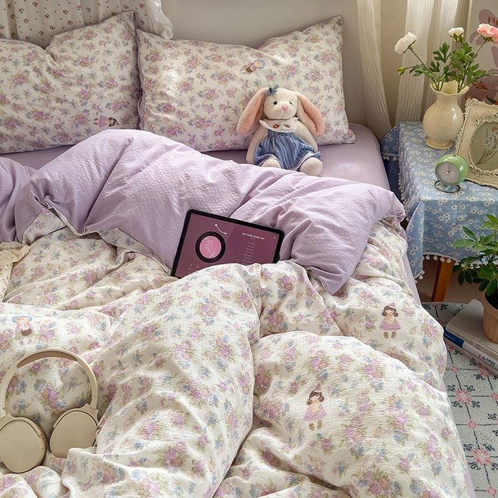 91家纺网 家纺一手货源 找家纺 罗亿家纺 2025新款云感双层纱印花四件套 童话-梦境之间