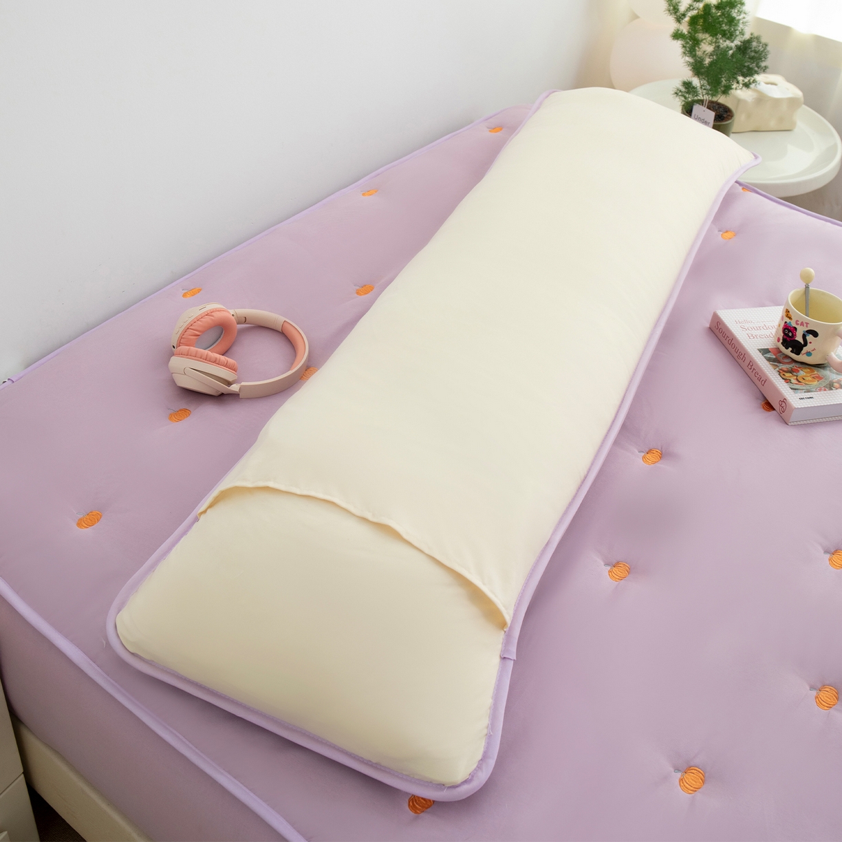 91家纺网 家纺一手货源 找家纺 乐居家纺 2025新款A类夹棉绣花双人枕套-南瓜 浅紫