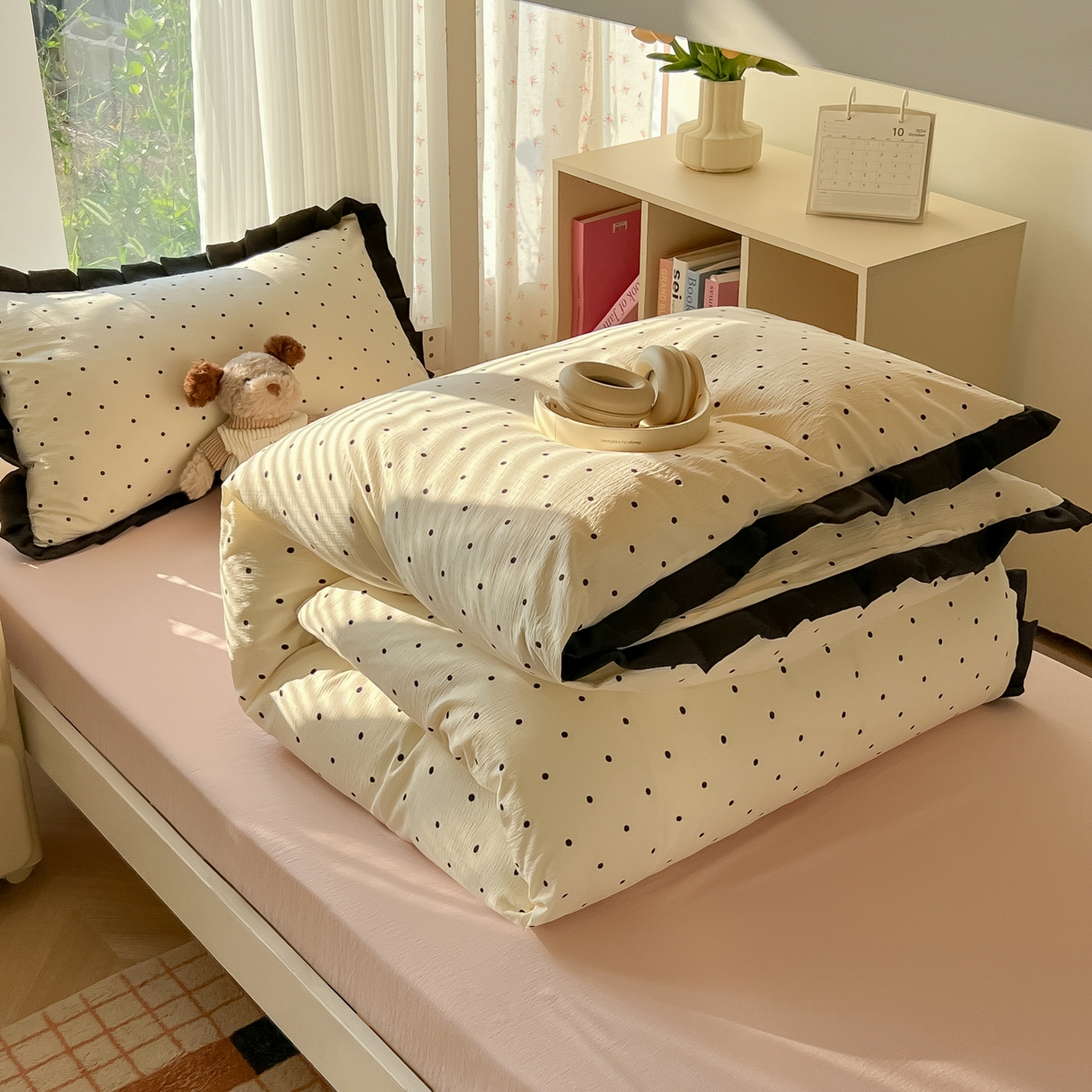 91家纺网 家纺一手货源 找家纺 韩巢家纺 2025新款小波点学生宿舍寝室上下铺三件套开学季花边被套四件套 米黄波点【黑皱皱花边款】