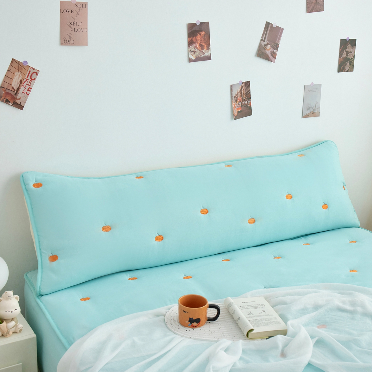 91家纺网 家纺一手货源 找家纺 乐居家纺 2025新款A类夹棉绣花双人枕套-南瓜 水蓝