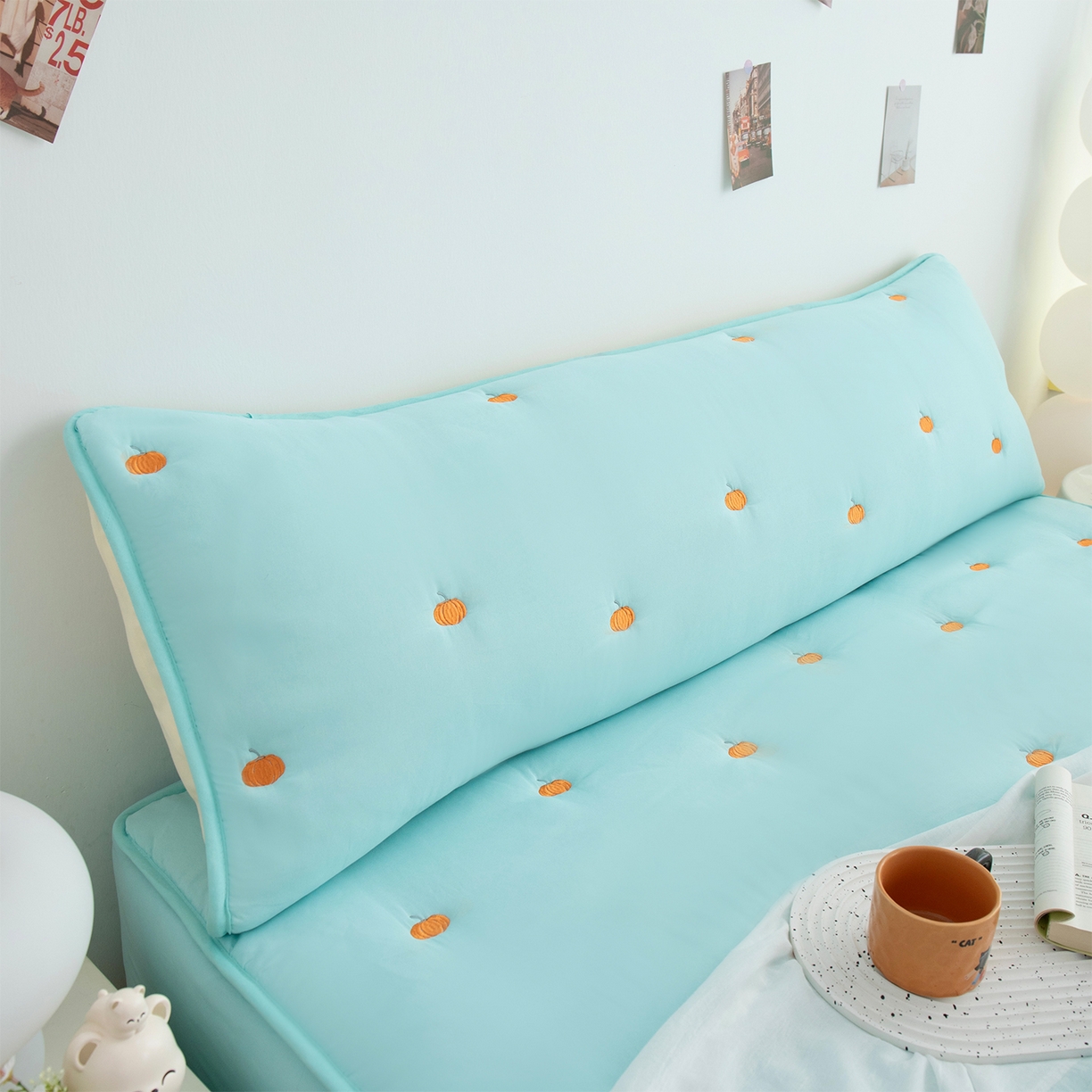 91家纺网 家纺一手货源 找家纺 乐居家纺 2025新款A类夹棉绣花双人枕套-南瓜 水蓝