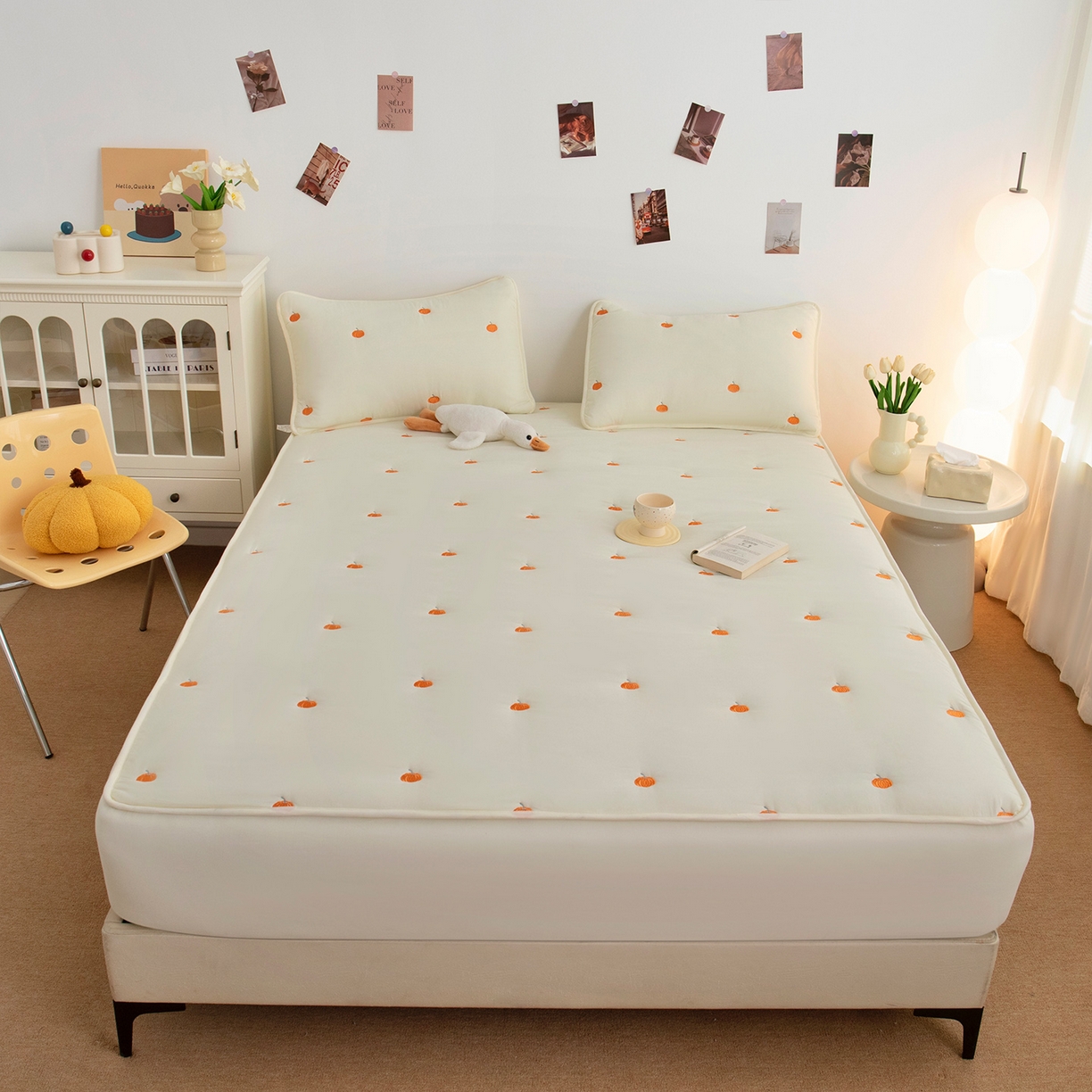 乐居家纺 2025新款A类亲肤夹棉刺绣床笠-南瓜 米白