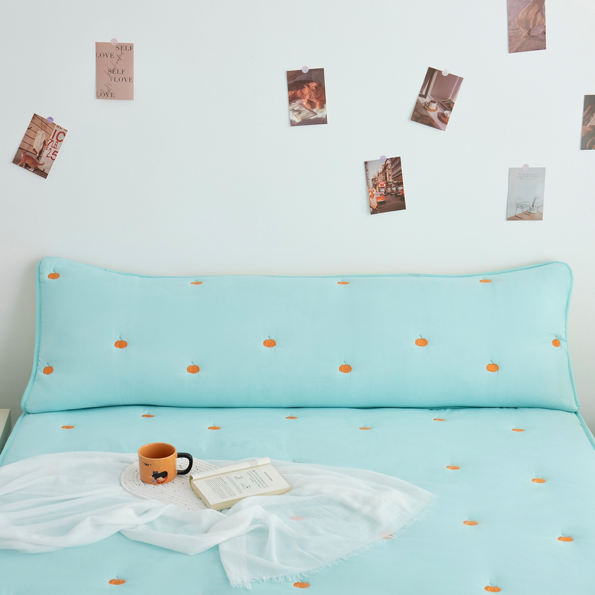 91家纺网 家纺一手货源 找家纺 乐居家纺 2025新款A类夹棉绣花双人枕套-南瓜 水蓝