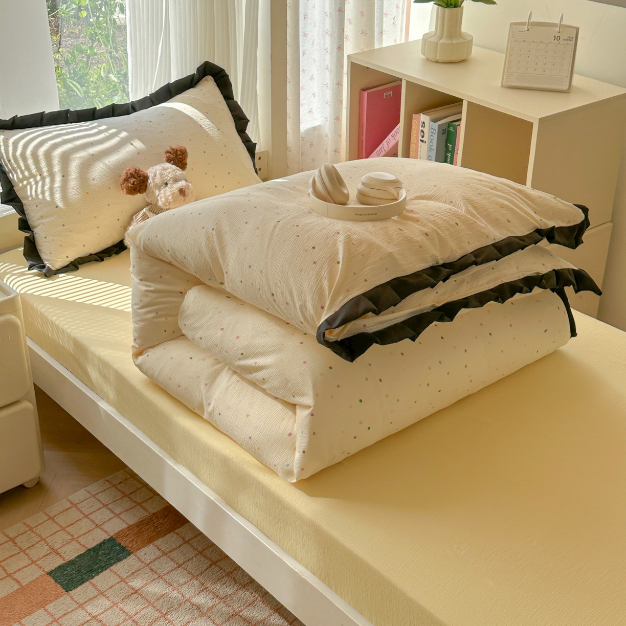 91家纺网 家纺一手货源 找家纺 韩巢家纺 2025新款小波点学生宿舍寝室上下铺三件套开学季花边被套四件套 波点世界【黑皱皱花边款】