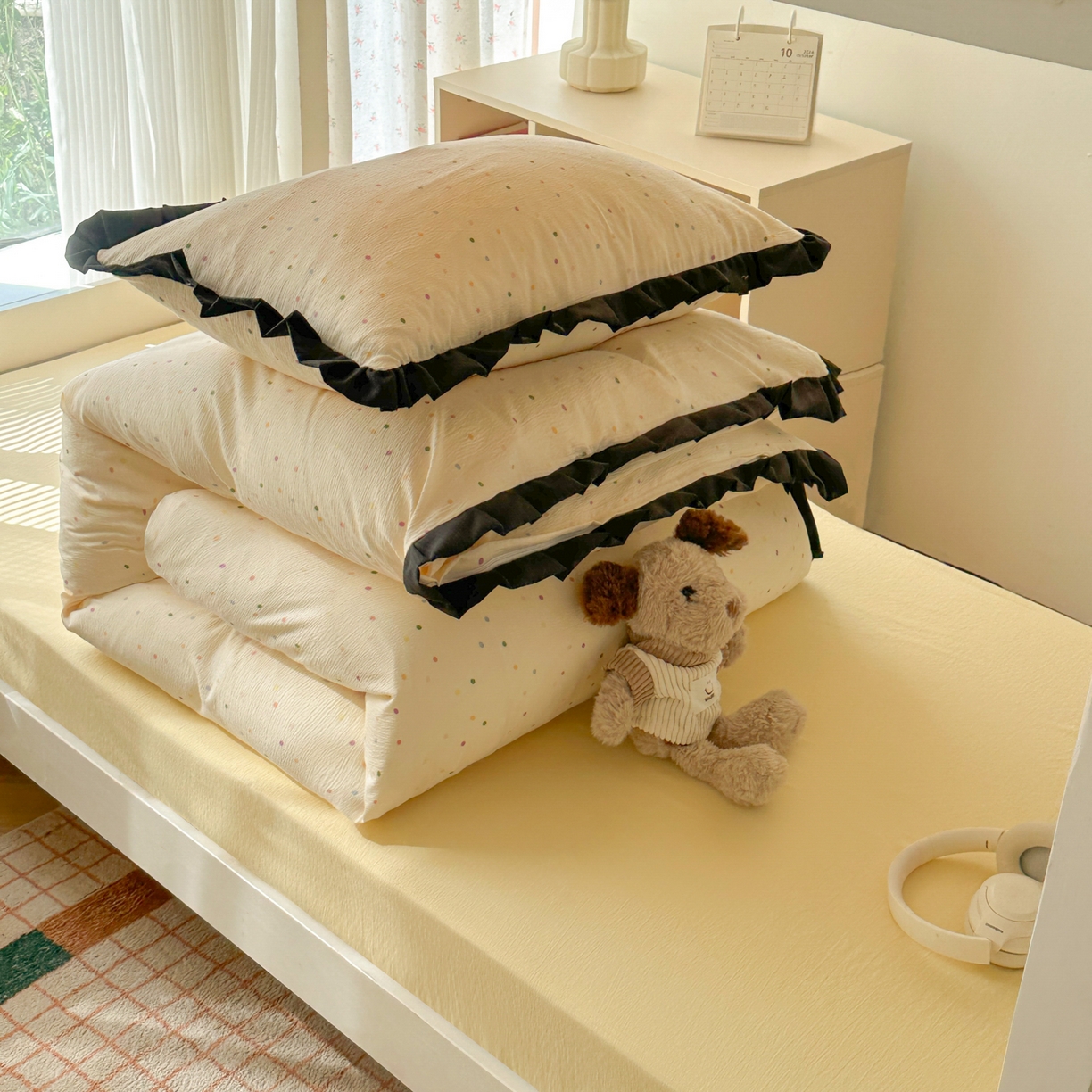 91家纺网 家纺一手货源 找家纺 韩巢家纺 2025新款小波点学生宿舍寝室上下铺三件套开学季花边被套四件套 波点世界【黑皱皱花边款】