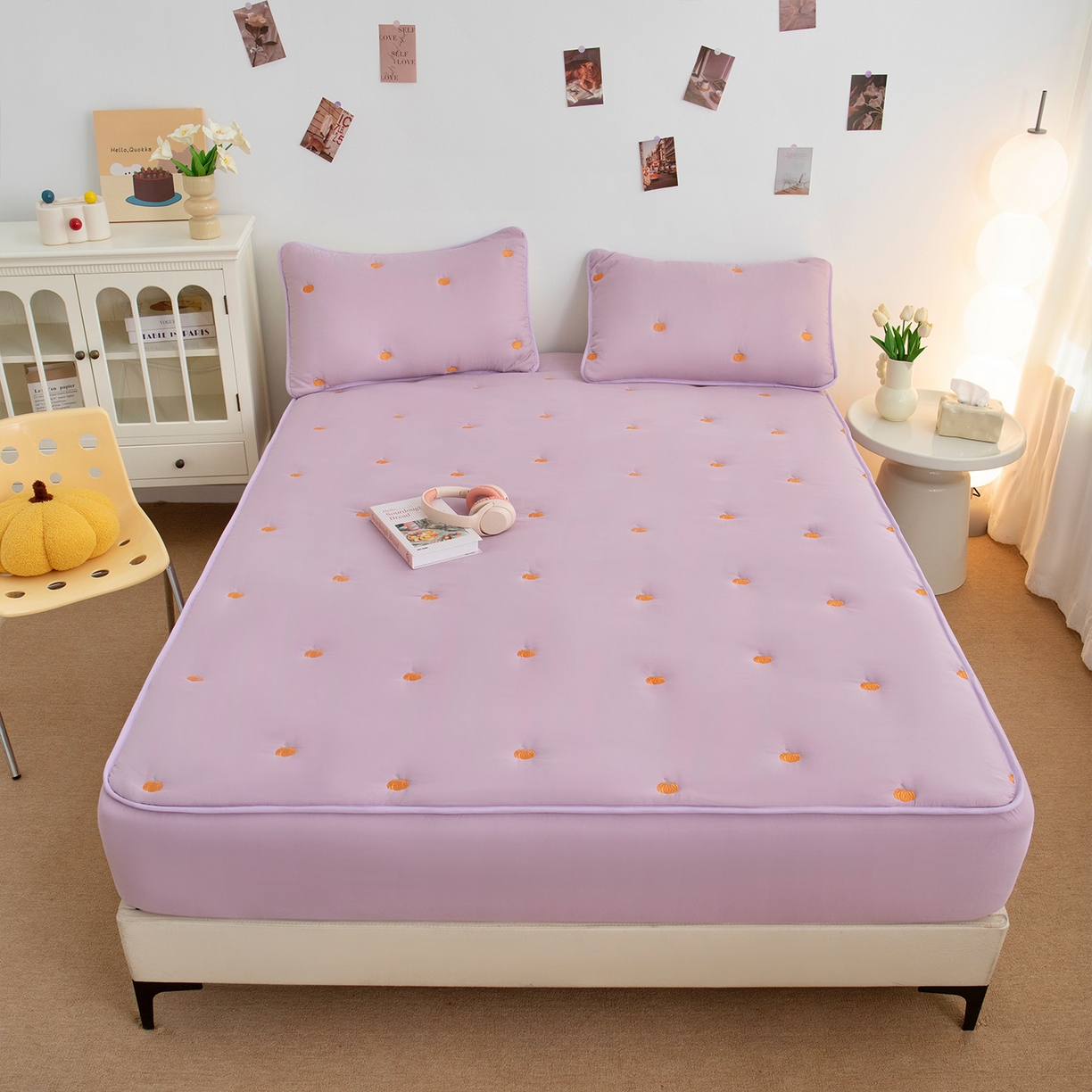 乐居家纺 2025新款A类亲肤夹棉刺绣床笠-南瓜 浅紫