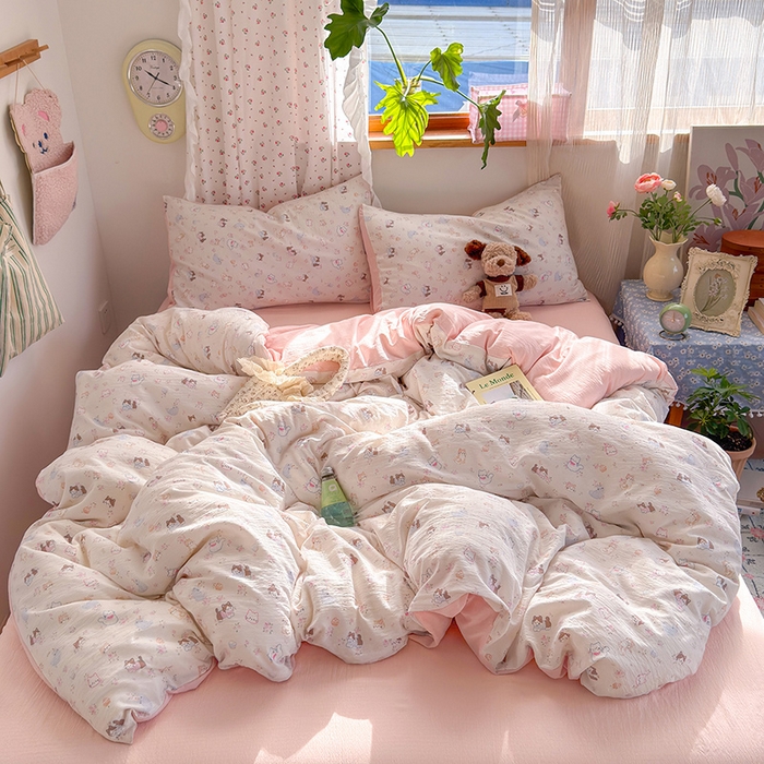 91家纺网 家纺一手货源 找家纺 罗亿家纺 2025新款云感双层纱印花四件套 童话-晴天小猫