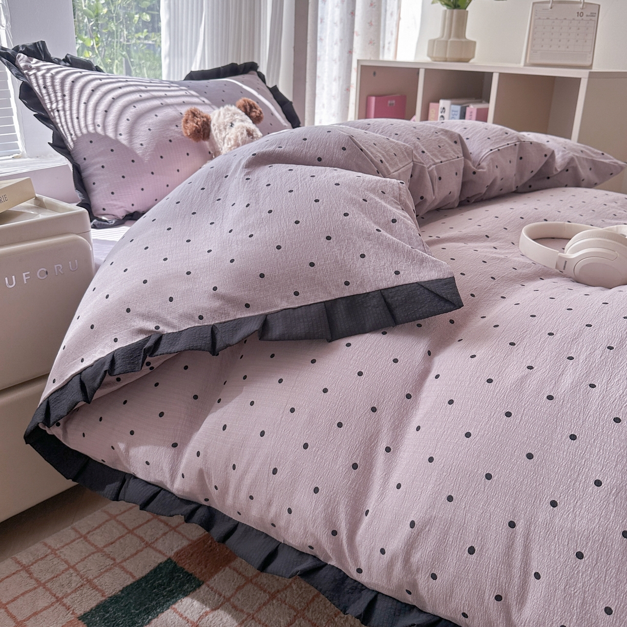 韩巢家纺 2025新款小波点学生宿舍寝室上下铺三件套开学季花边被套四件套 黑丁香紫波点【黑皱皱花边款】