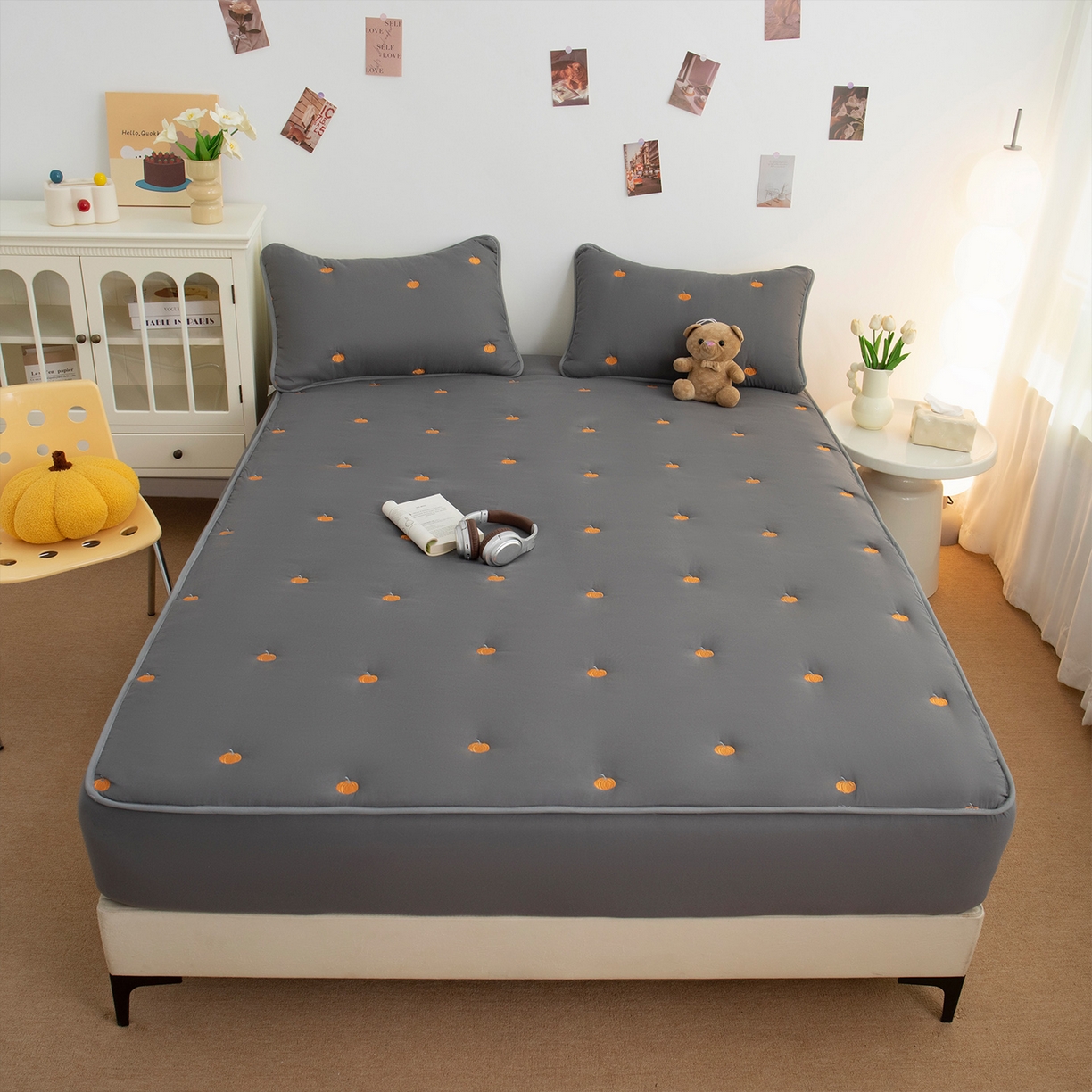 乐居家纺 2025新款A类亲肤夹棉刺绣床笠-南瓜 深灰