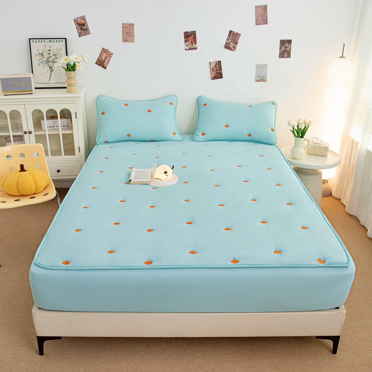 乐居家纺 2025新款A类亲肤夹棉刺绣床笠-南瓜 水蓝