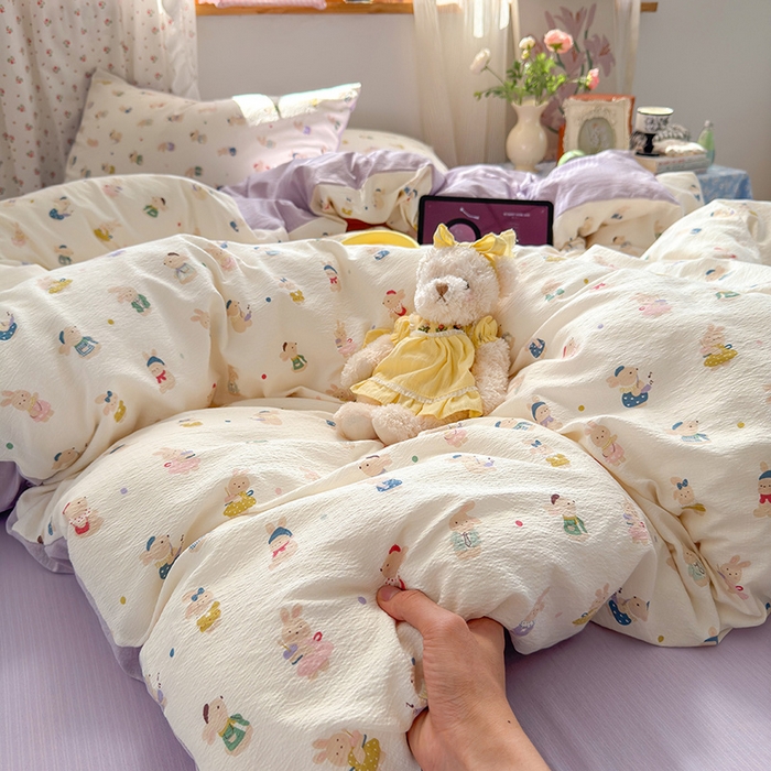 罗亿家纺 2025新款云感双层纱印花四件套 童话-兔子集合