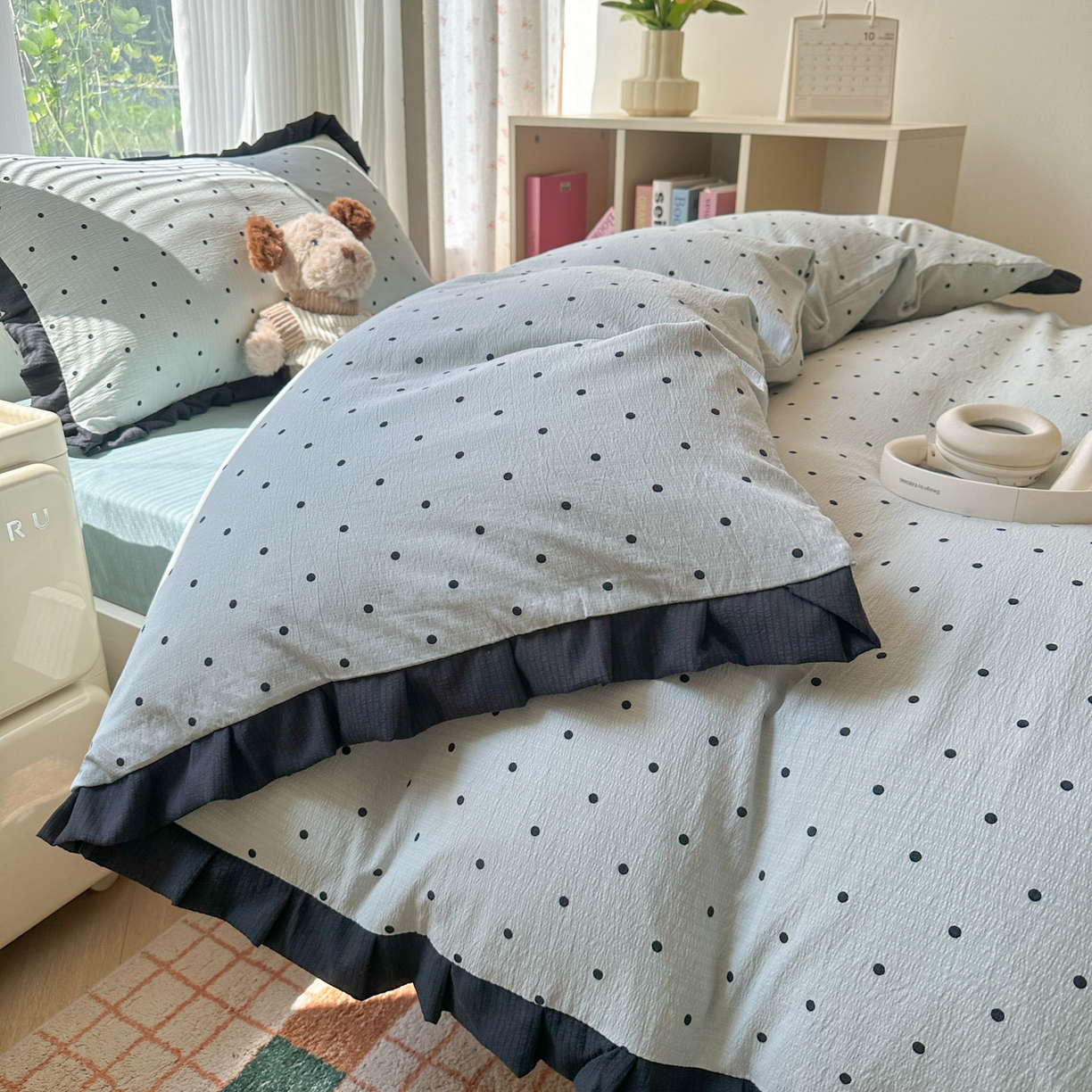 韩巢家纺 2025新款小波点学生宿舍寝室上下铺三件套开学季花边被套四件套 蓝灰波点【黑皱皱花边款】