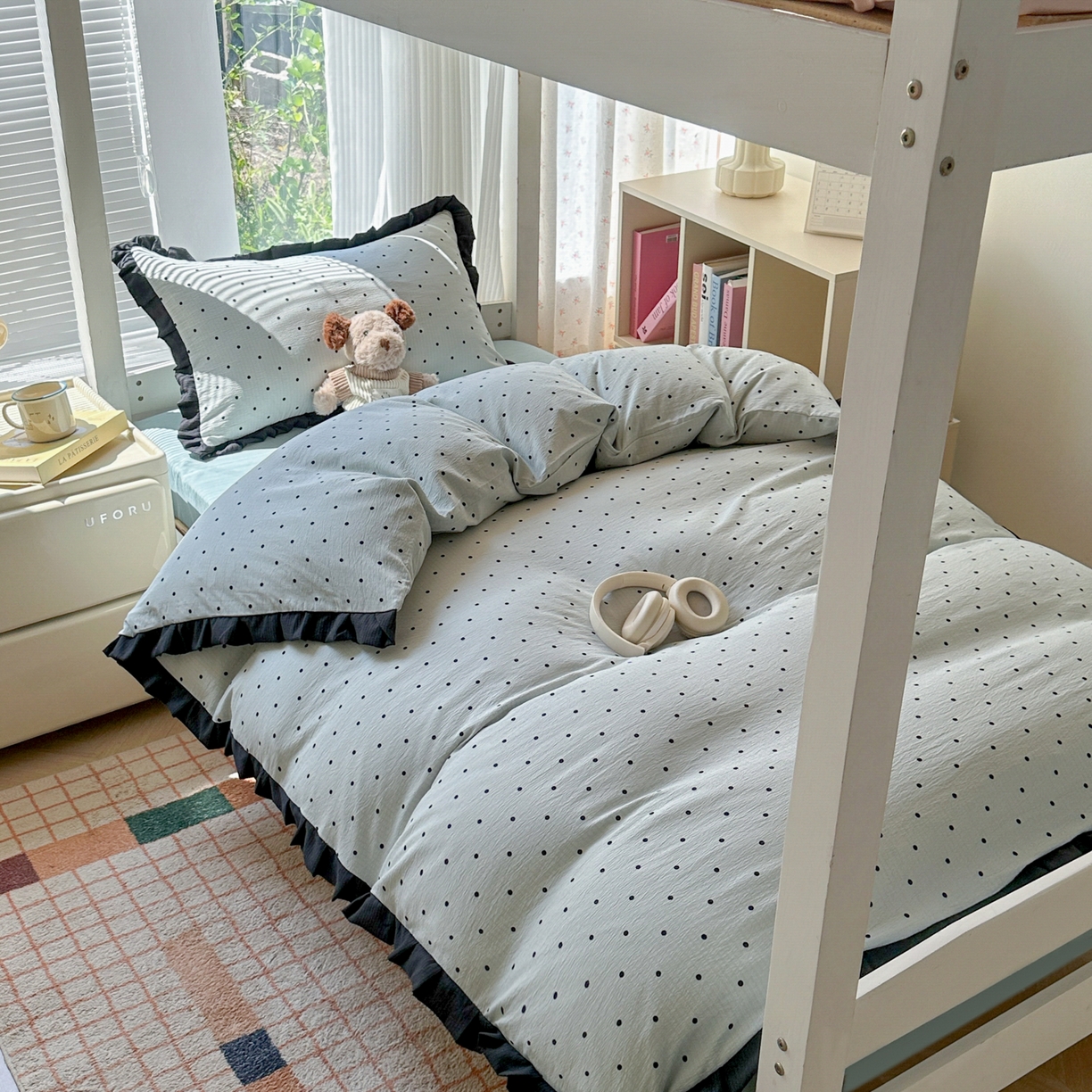 91家纺网 家纺一手货源 找家纺 韩巢家纺 2025新款小波点学生宿舍寝室上下铺三件套开学季花边被套四件套 蓝灰波点【黑皱皱花边款】