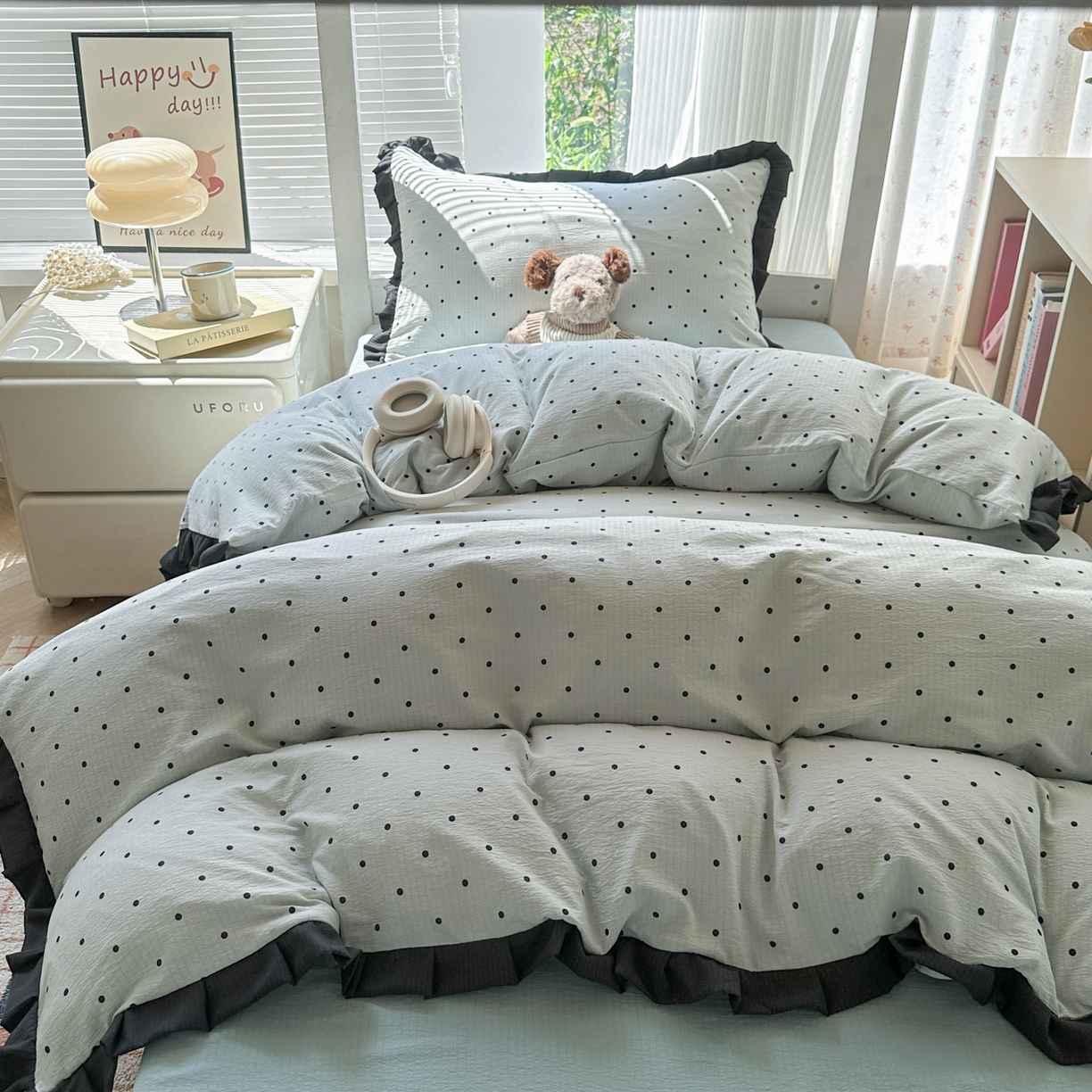 91家纺网 家纺一手货源 找家纺 韩巢家纺 2025新款小波点学生宿舍寝室上下铺三件套开学季花边被套四件套 蓝灰波点【黑皱皱花边款】