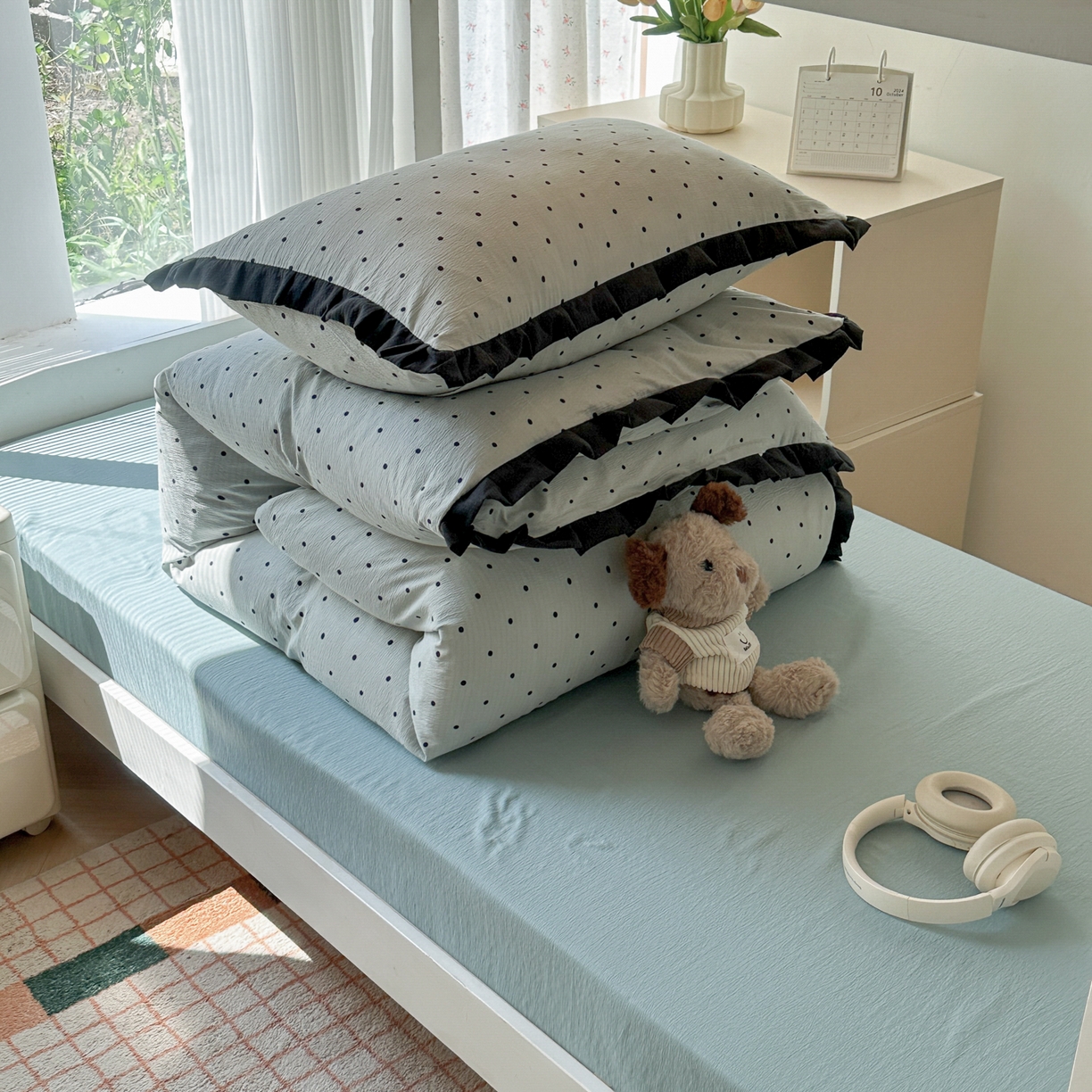 91家纺网 家纺一手货源 找家纺 韩巢家纺 2025新款小波点学生宿舍寝室上下铺三件套开学季花边被套四件套 蓝灰波点【黑皱皱花边款】