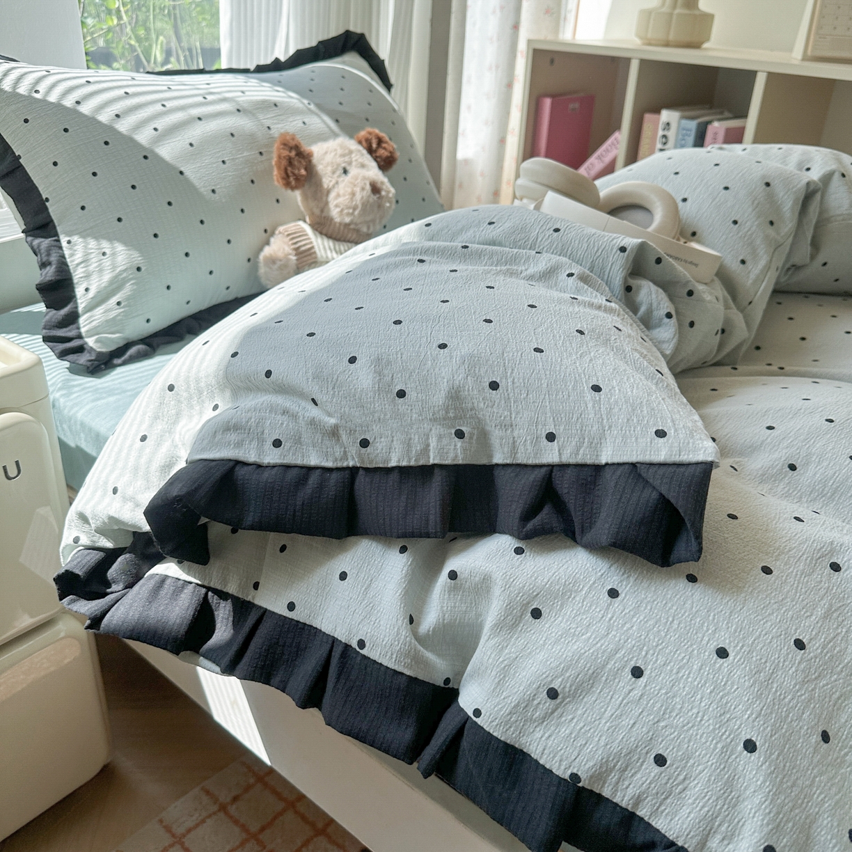 91家纺网 家纺一手货源 找家纺 韩巢家纺 2025新款小波点学生宿舍寝室上下铺三件套开学季花边被套四件套 蓝灰波点【黑皱皱花边款】
