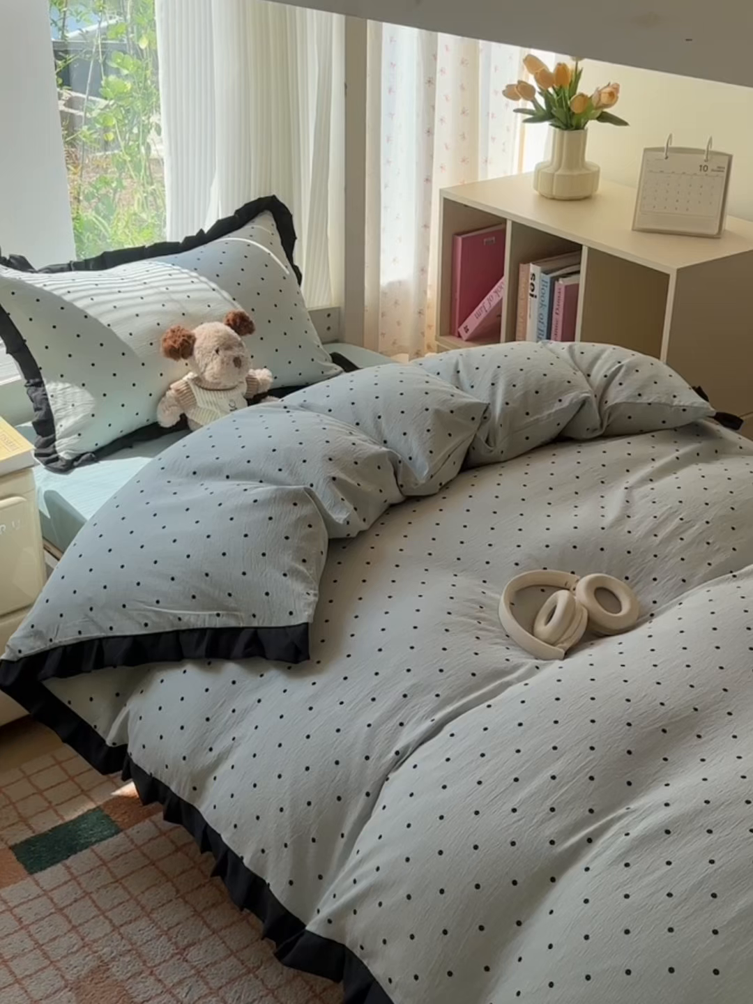 91家纺网 家纺一手货源 找家纺 韩巢家纺 2025新款小波点学生宿舍寝室上下铺三件套开学季花边被套四件套 蓝灰波点【黑皱皱花边款】