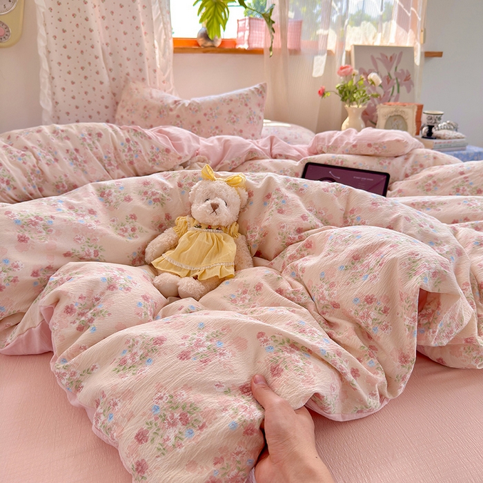 罗亿家纺 2025新款云感双层纱印花四件套 童话-序曲-粉