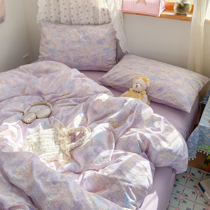 91家纺网 家纺一手货源 找家纺 罗亿家纺 2025新款云感双层纱印花四件套 童话-薰衣草