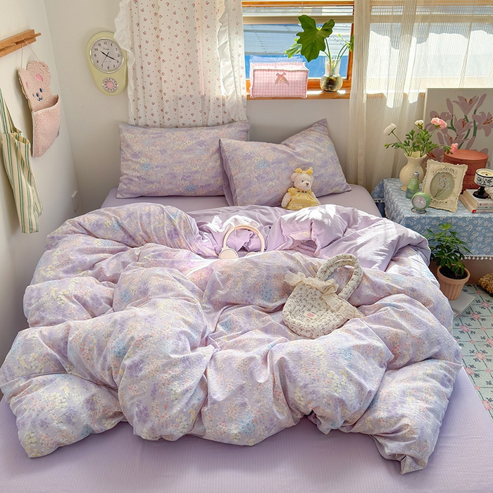 91家纺网 家纺一手货源 找家纺 罗亿家纺 2025新款云感双层纱印花四件套 童话-薰衣草