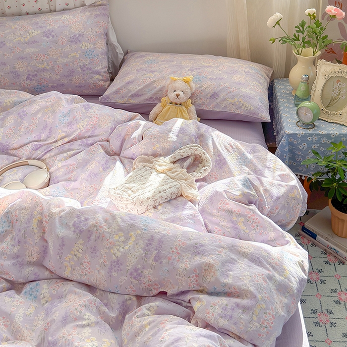 91家纺网 家纺一手货源 找家纺 罗亿家纺 2025新款云感双层纱印花四件套 童话-薰衣草