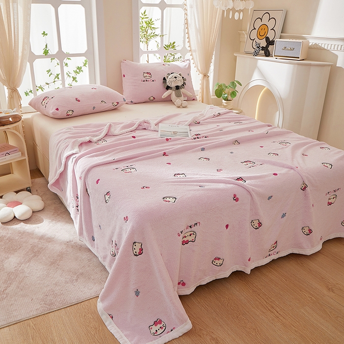 91家纺网 家纺一手货源 找家纺 楼兰公主 2025新款云朵绒卡通刺绣毛毯盖毯毯子 粉红喵