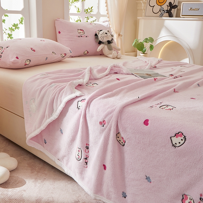 91家纺网 家纺一手货源 找家纺 楼兰公主 2025新款云朵绒卡通刺绣毛毯盖毯毯子 粉红喵