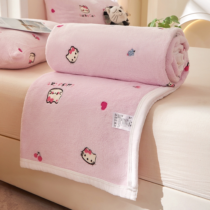 91家纺网 家纺一手货源 找家纺 楼兰公主 2025新款云朵绒卡通刺绣毛毯盖毯毯子 粉红喵