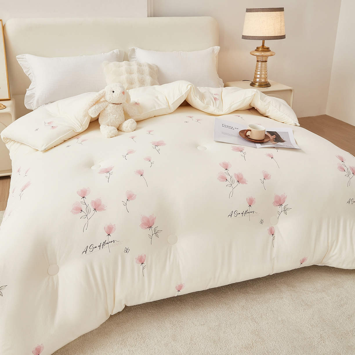 91家纺网 家纺一手货源 找家纺 尊妙被业 2025新款棉小柔大豆被被子被芯春秋被子母被直播批发夏被 虞美人-米色