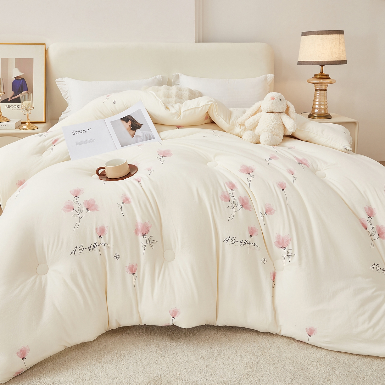 91家纺网 家纺一手货源 找家纺 尊妙被业 2025新款棉小柔大豆被被子被芯春秋被子母被直播批发夏被 虞美人-米色