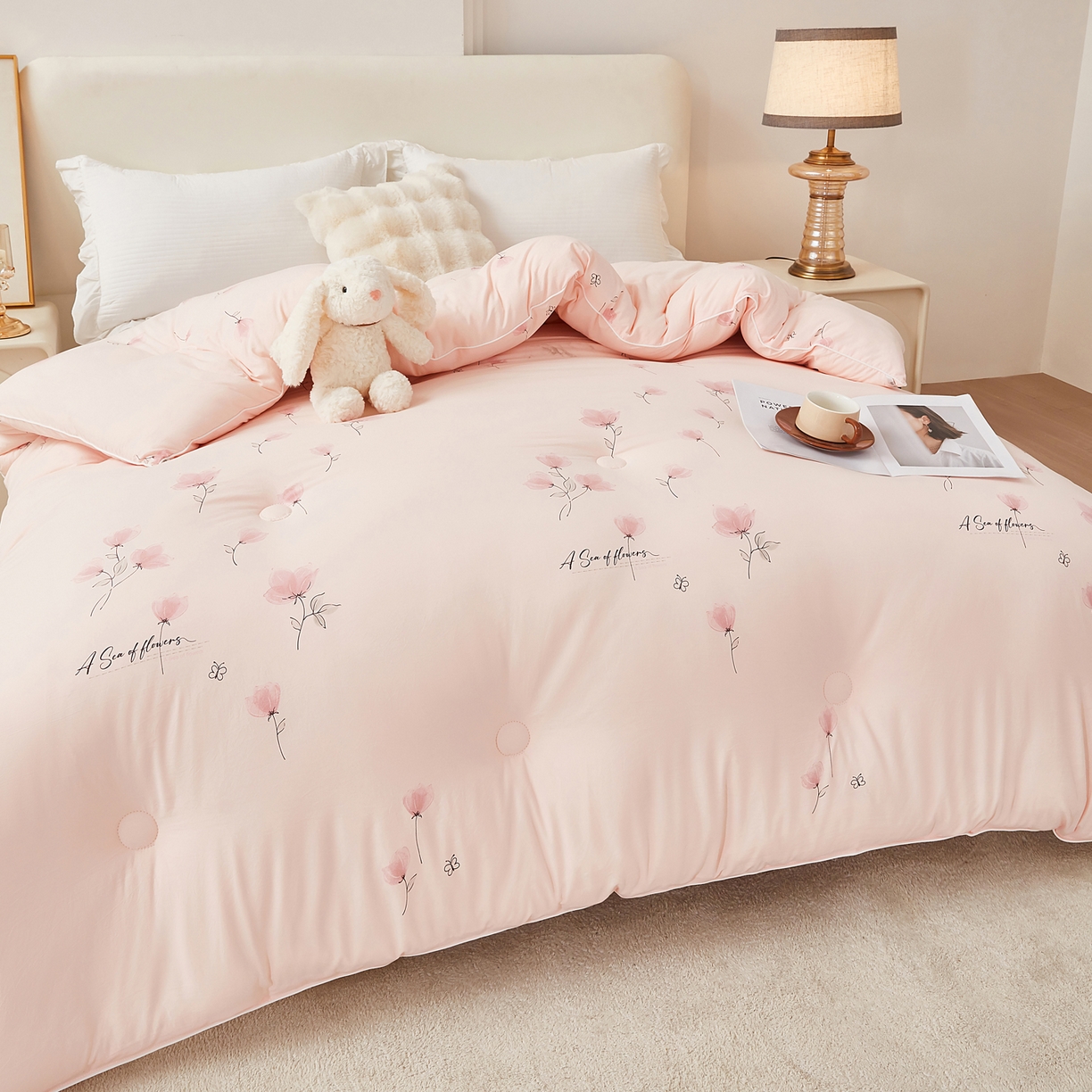 91家纺网 家纺一手货源 找家纺 尊妙被业 2025新款棉小柔大豆被被子被芯春秋被子母被直播批发夏被 虞美人-粉色