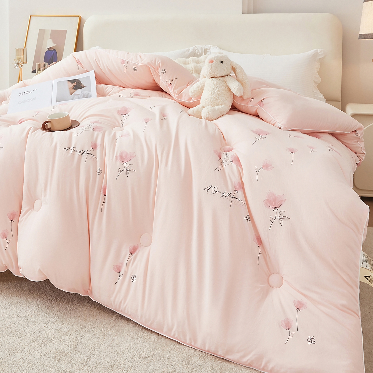 91家纺网 家纺一手货源 找家纺 尊妙被业 2025新款棉小柔大豆被被子被芯春秋被子母被直播批发夏被 虞美人-粉色