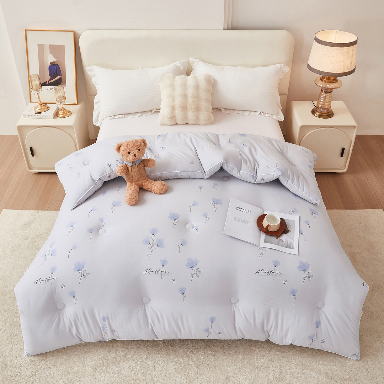 91家纺网 家纺一手货源 找家纺 尊妙被业 2025新款棉小柔大豆被被子被芯春秋被子母被直播批发夏被 虞美人-浅灰