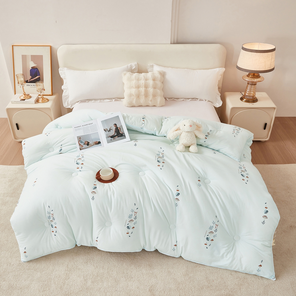 91家纺网 家纺一手货源 找家纺 尊妙被业 2025新款棉小柔大豆被被子被芯春秋被子母被直播批发夏被 春之笙-浅蓝