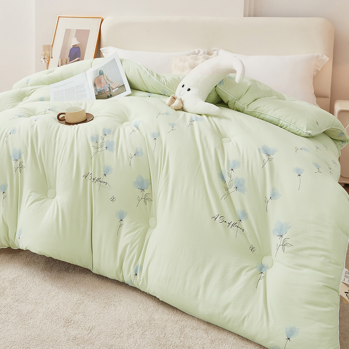 91家纺网 家纺一手货源 找家纺 尊妙被业 2025新款棉小柔大豆被被子被芯春秋被子母被直播批发夏被 虞美人-浅绿