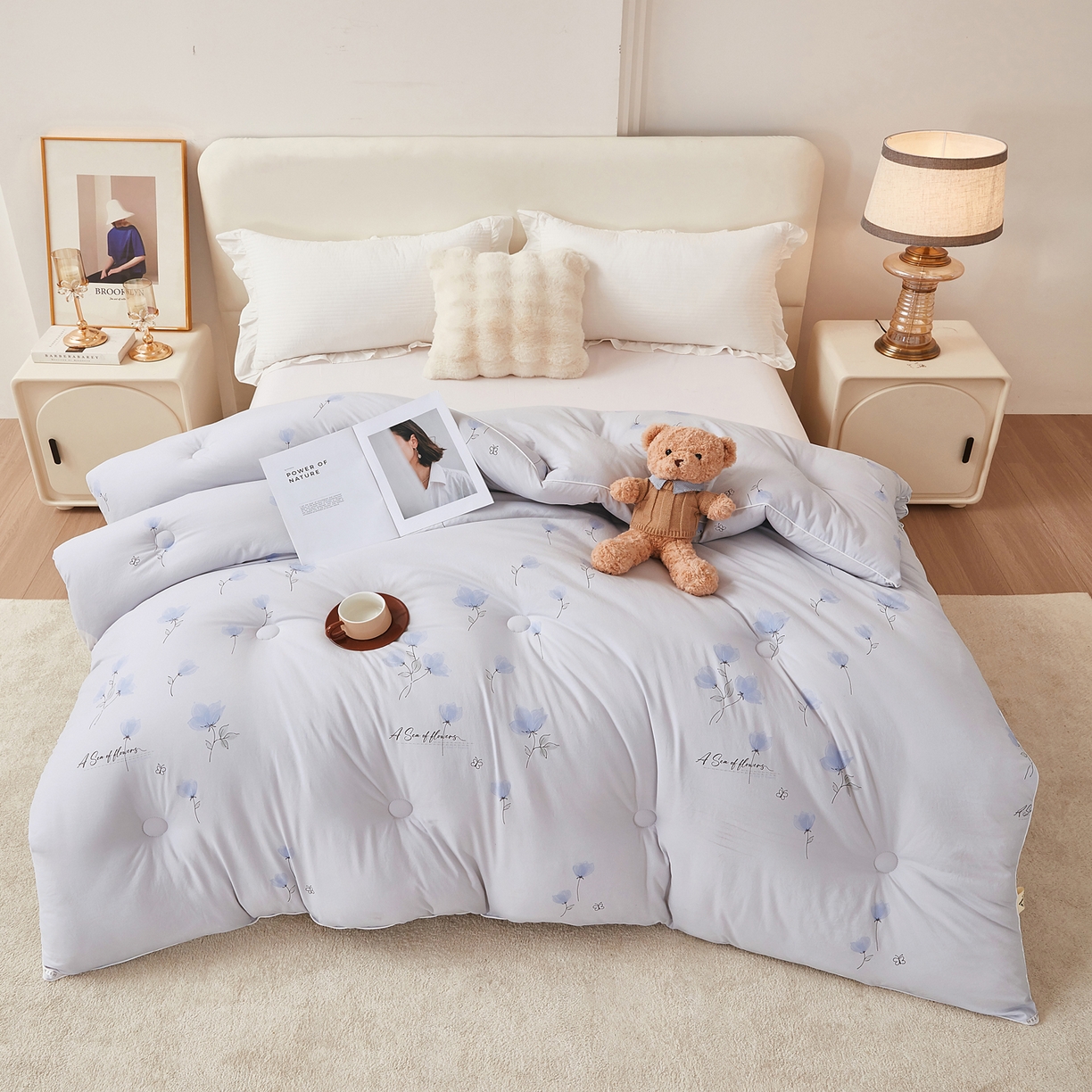 91家纺网 家纺一手货源 找家纺 尊妙被业 2025新款棉小柔大豆被被子被芯春秋被子母被直播批发夏被 虞美人-浅灰