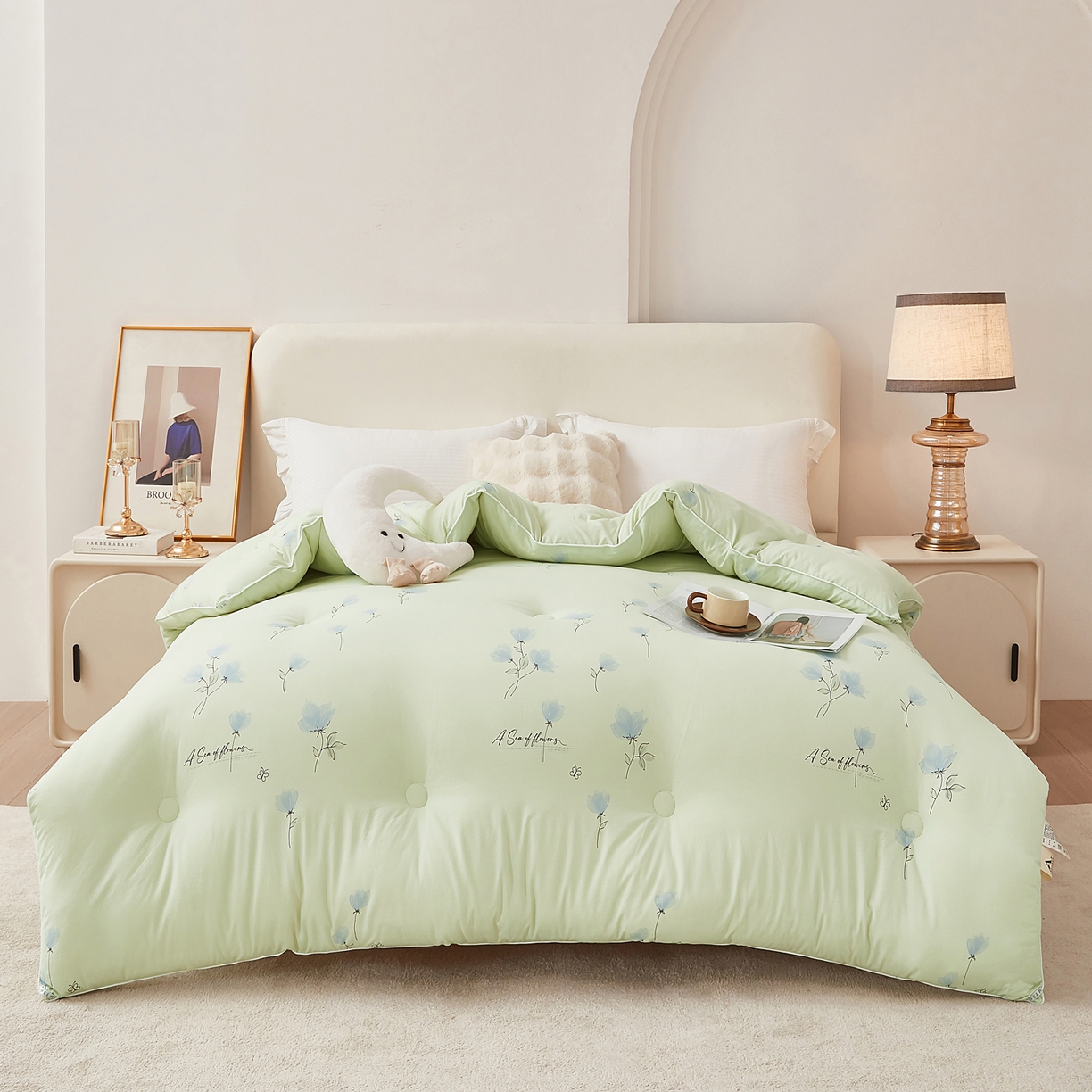 91家纺网 家纺一手货源 找家纺 尊妙被业 2025新款棉小柔大豆被被子被芯春秋被子母被直播批发夏被 虞美人-浅绿