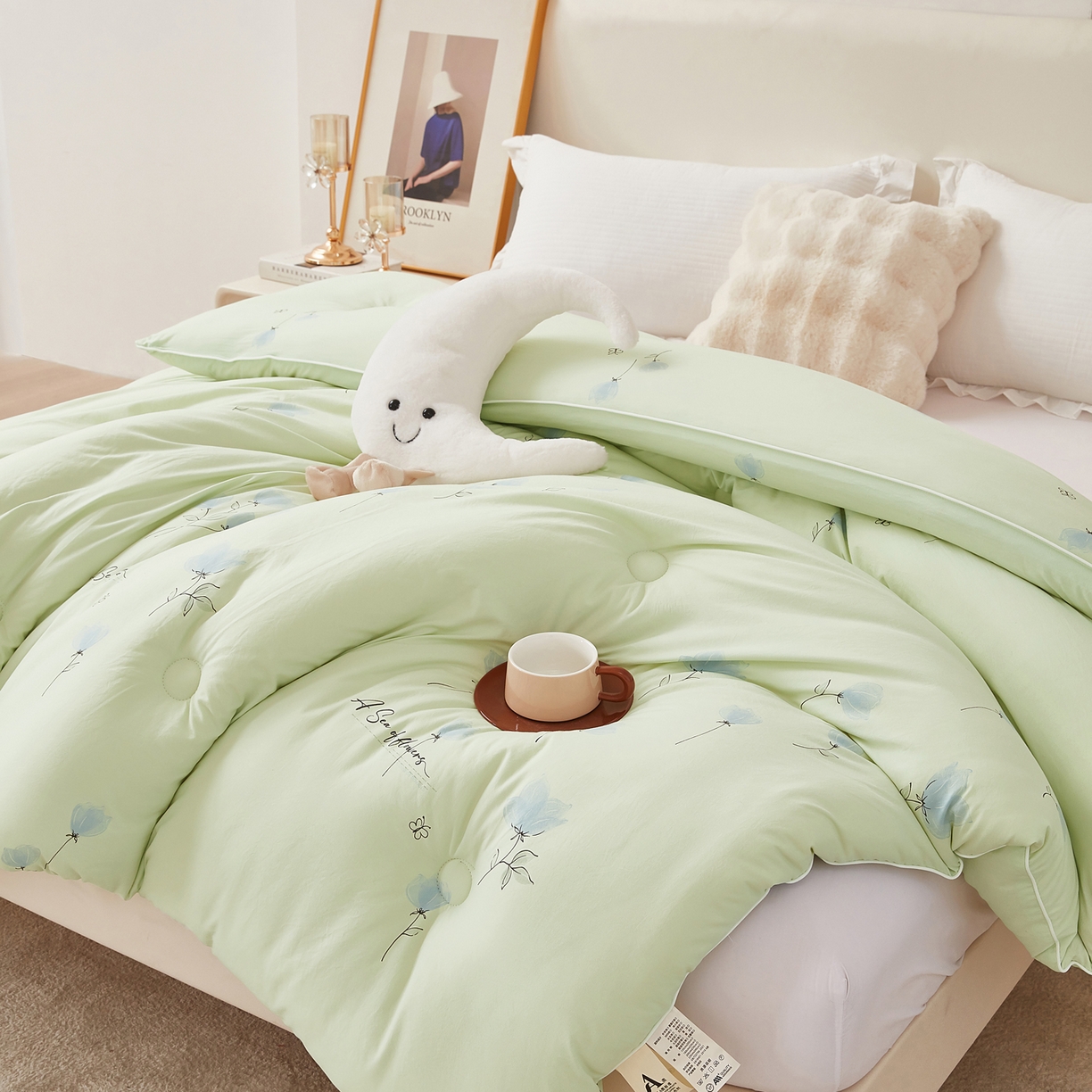 91家纺网 家纺一手货源 找家纺 尊妙被业 2025新款棉小柔大豆被被子被芯春秋被子母被直播批发夏被 虞美人-浅绿