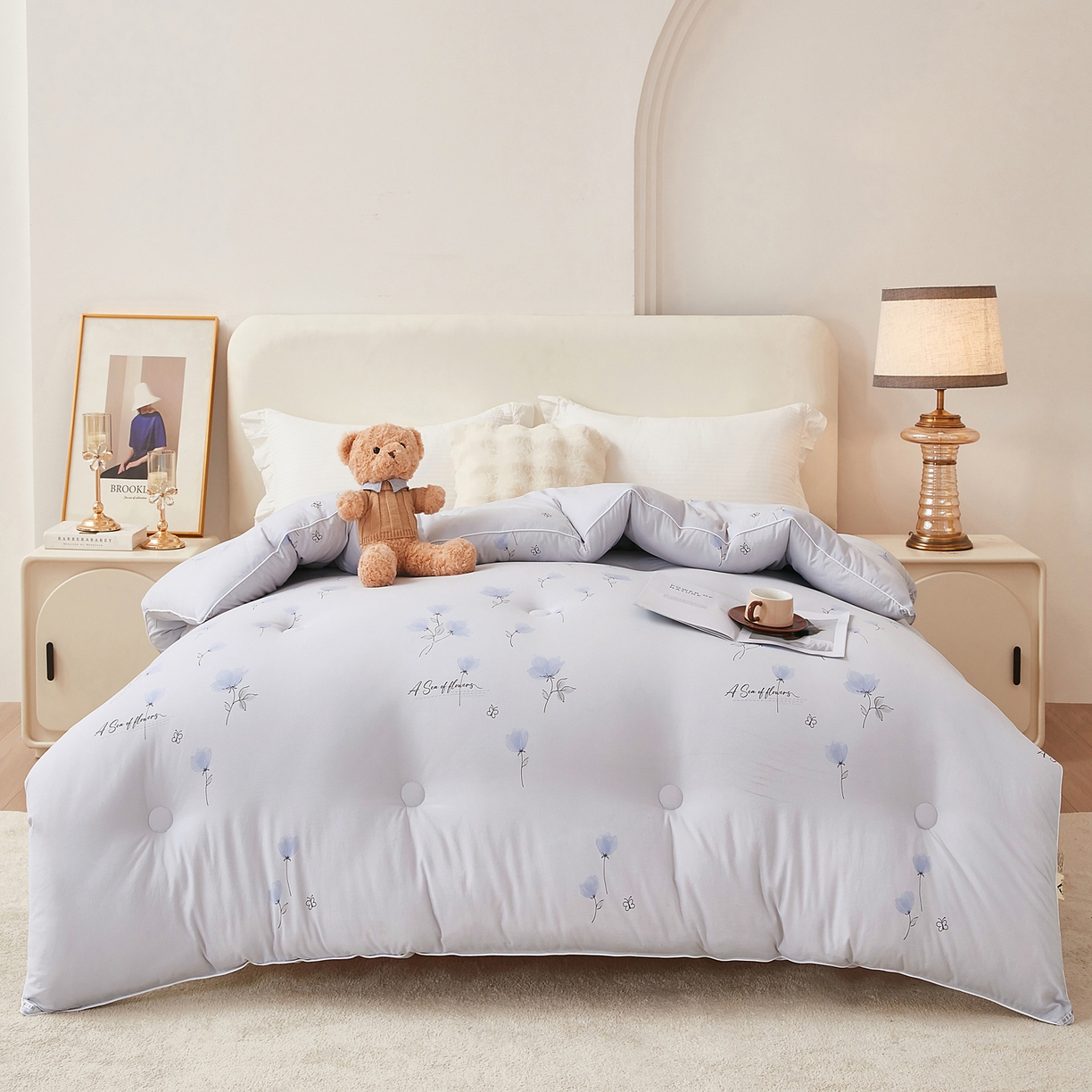 91家纺网 家纺一手货源 找家纺 尊妙被业 2025新款棉小柔大豆被被子被芯春秋被子母被直播批发夏被 虞美人-浅灰