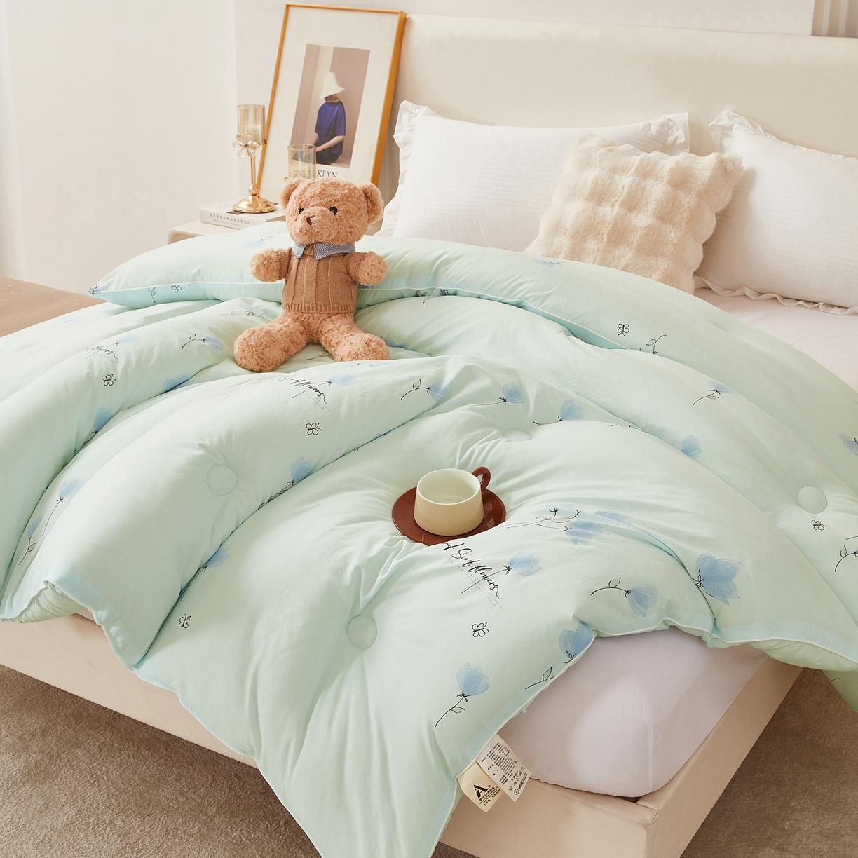 91家纺网 家纺一手货源 找家纺 尊妙被业 2025新款棉小柔大豆被被子被芯春秋被子母被直播批发夏被 虞美人-浅蓝