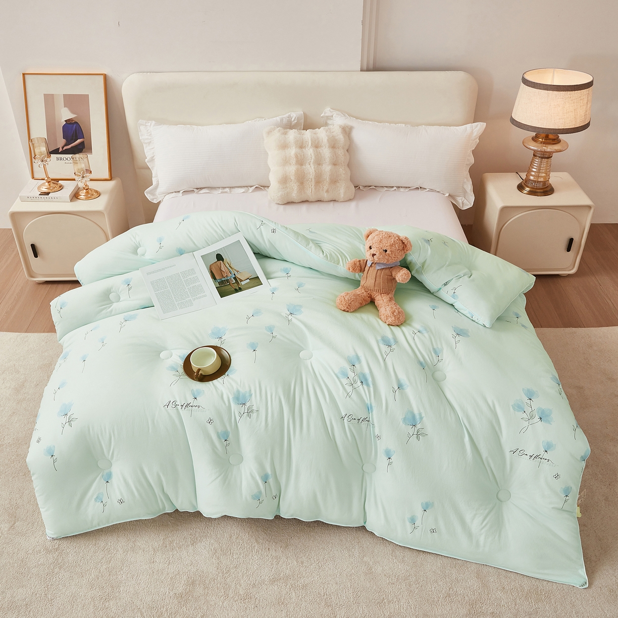 91家纺网 家纺一手货源 找家纺 尊妙被业 2025新款棉小柔大豆被被子被芯春秋被子母被直播批发夏被 虞美人-浅蓝