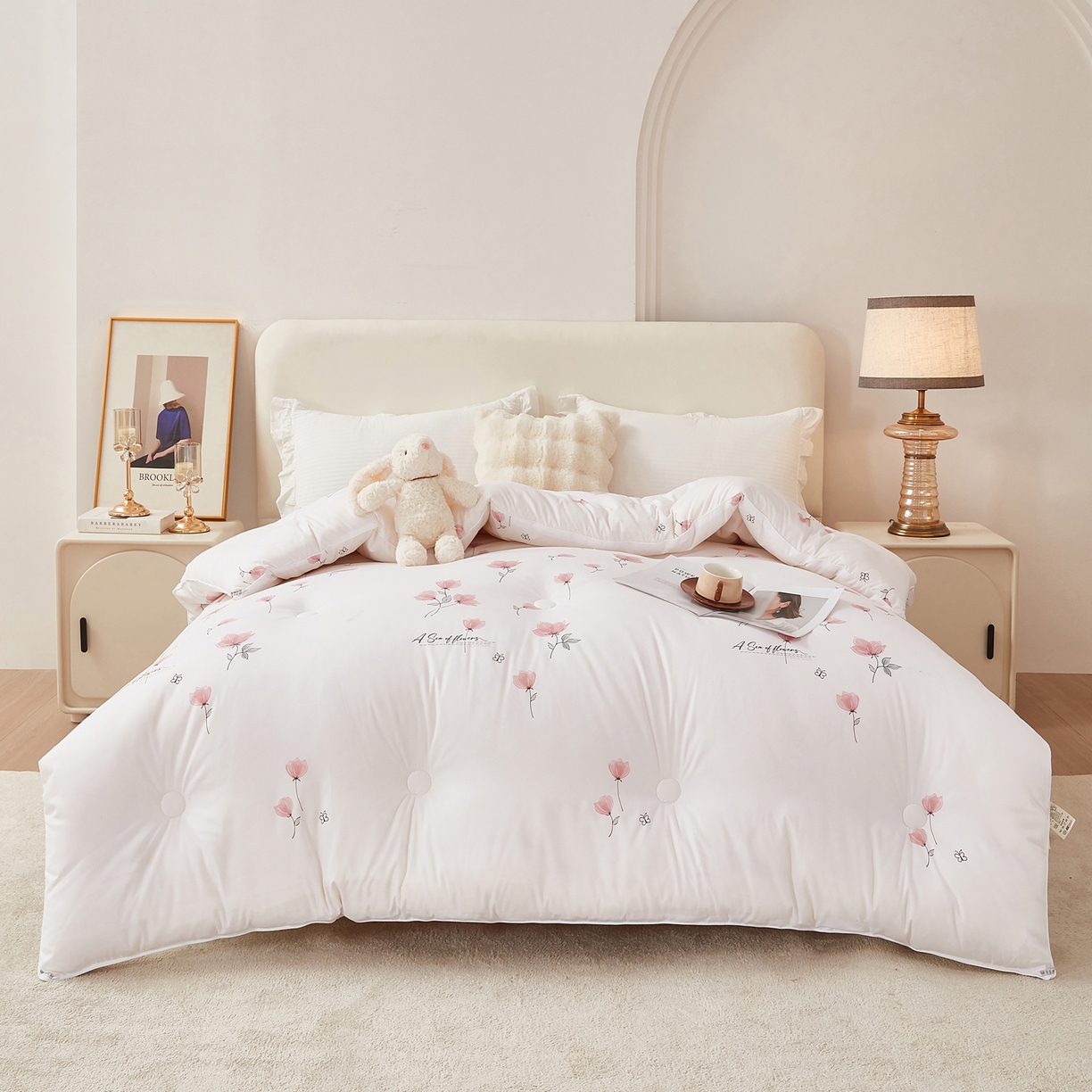 91家纺网 家纺一手货源 找家纺 尊妙被业 2025新款棉小柔大豆被被子被芯春秋被子母被直播批发夏被 虞美人-白色