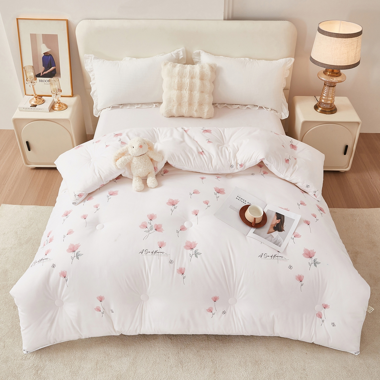 91家纺网 家纺一手货源 找家纺 尊妙被业 2025新款棉小柔大豆被被子被芯春秋被子母被直播批发夏被 虞美人-白色